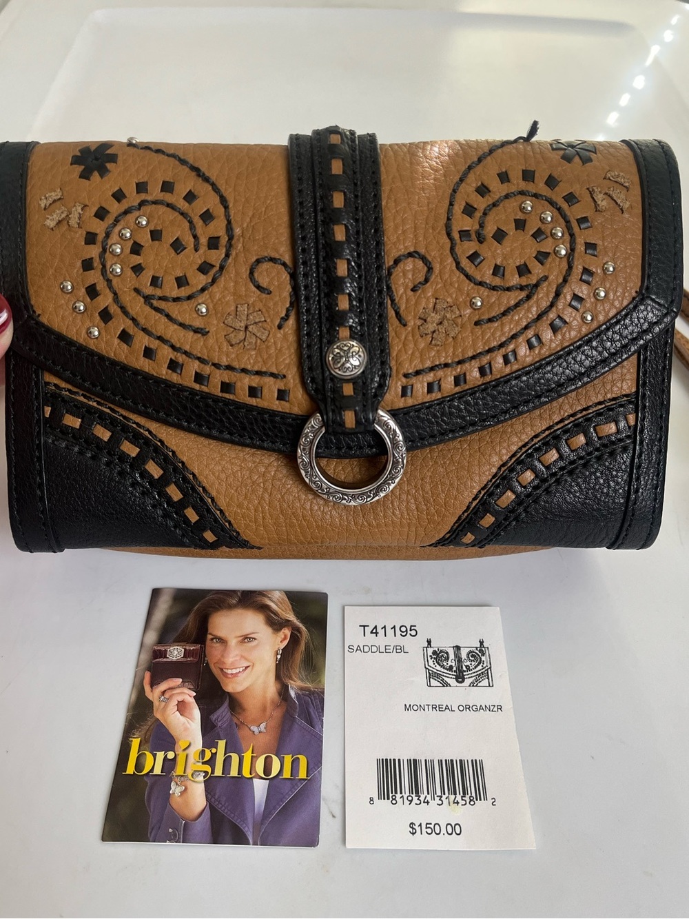Brighton Saddle & Black Embossed Leather Organizer Wallet